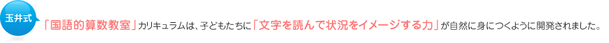 玉井式「国語的算数教室」カリキュラムは、子供たちに「文字を読んで状況をイメージする力」が自然に身につくように開発されました。